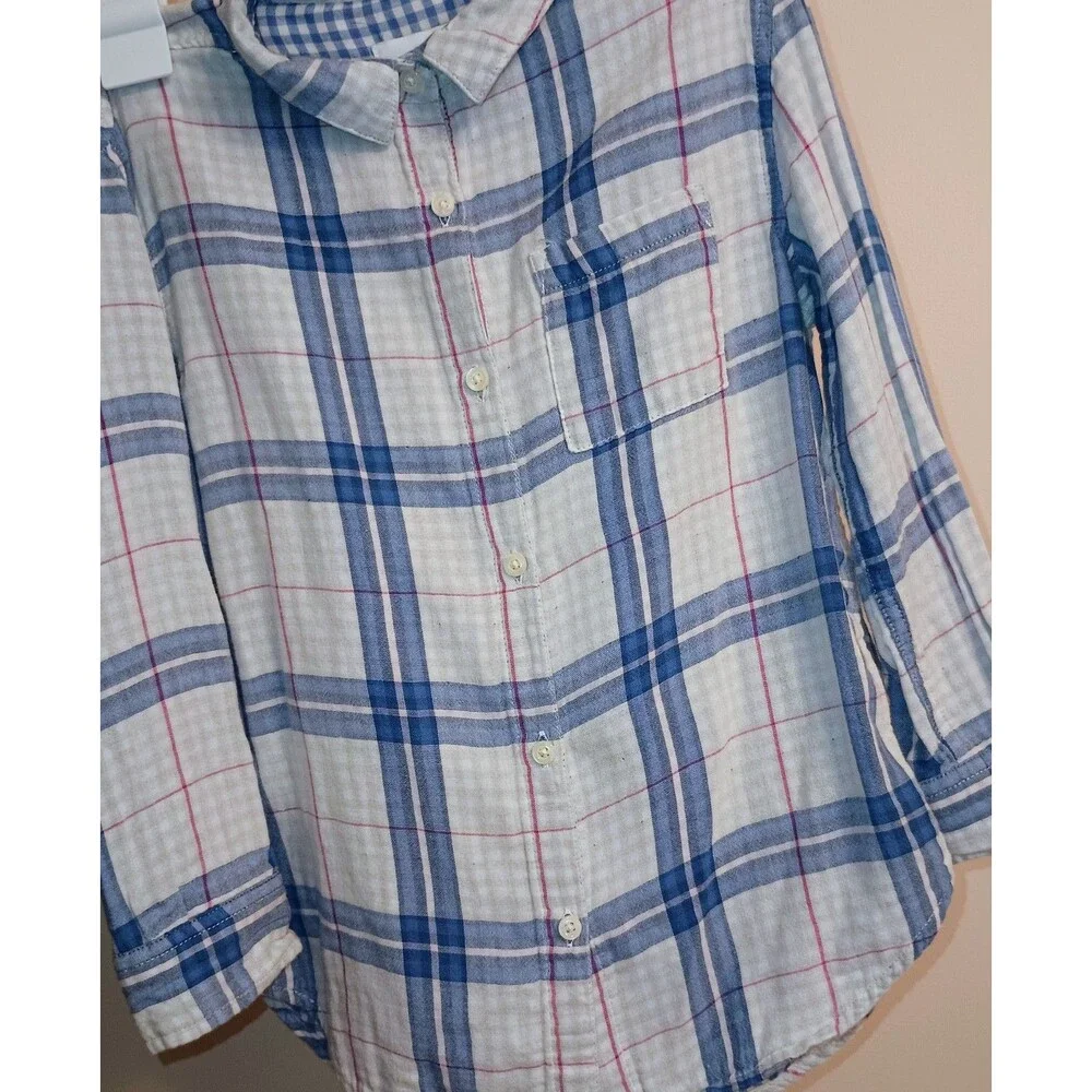 Old Navy Girls S (6-7) Blue White Pink Plaid Long Sleeve Collared Button-Up